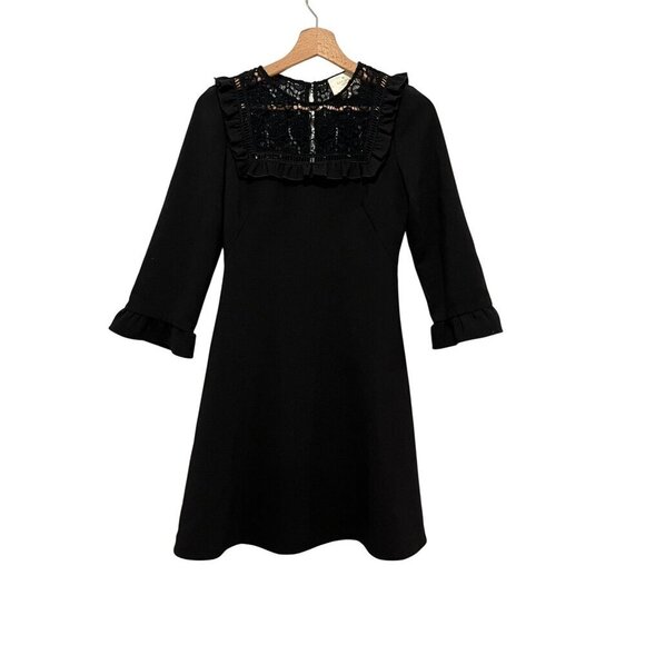 Kate Spade Black Ruffle Trim 3/4 Sleeves Lace Yoke Dress Women's Size 0 - Picture 1 of 11